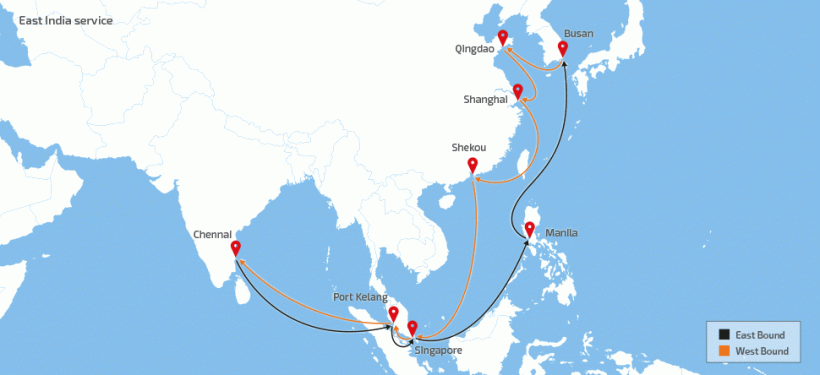 森罗商船印度东部航线图