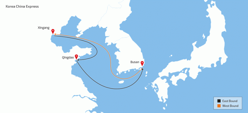 森罗商船韩国到中国航线图